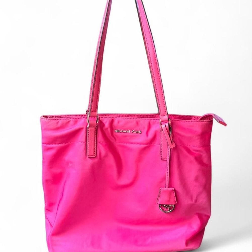 Michael Kors Barbie Pink Nylon Tote Shoulder Bag Large Zip Top Travel Work Purse